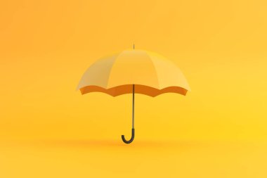 Sarı arka planda sarı şemsiye. Asgari yaratıcı konsept. 3B görüntüleme