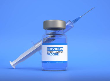 Mavi arka planda enjeksiyon için ilaç içeren şırınga. Coronavirus COVID-19 için aşı, küresel grip salgını.