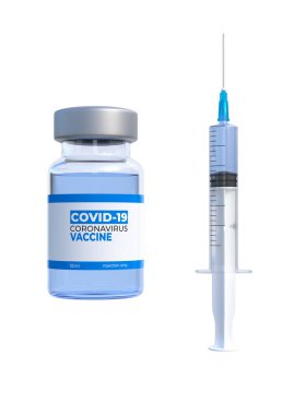 Beyaz arka planda enjeksiyon için ilaç içeren bir şırınga var. Coronavirus COVID-19 için aşı, küresel grip salgını.