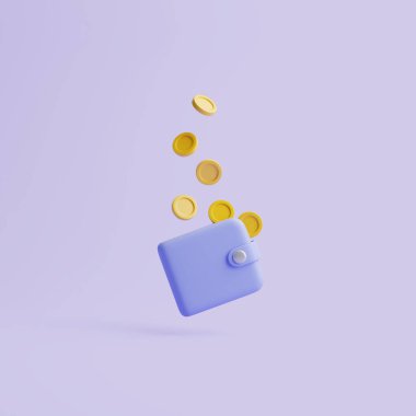 Pastel arka planda altın sikkeleri olan basit bir menekşe menekşe cüzdan ikonu. 3d resimleme