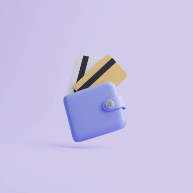 Pastel menekşe arka planda üzerinde kredi kartları olan mavi cüzdan. 3d resimleme