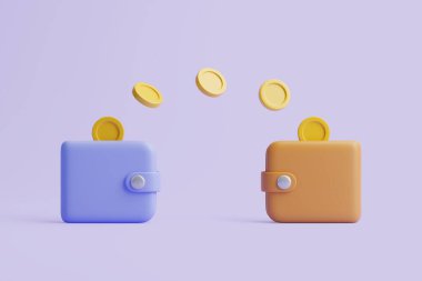 Pastel arka planda iki cüzdan arasında altın para transferi. İş, ekonomi ve çevrimiçi ödeme kavramı. 3d resimleme