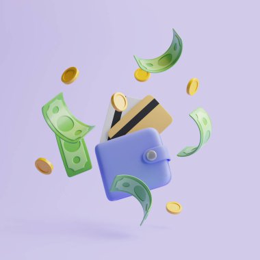 Yeşil banknotlu mavi cüzdan ikonu ve pastel mor arka planda altın paralar. 3d resimleme
