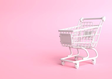Pembe arka planda alışveriş arabası. Tramvay alışverişi. Market arabası. Minimalist kavram, izole edilmiş araba. 3d resimleme