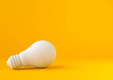Pastel renklerde parlak sarı arka planda beyaz ampul. Minimalizm kavramı. 3d resimleme