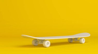 Beyaz kaykay, parlak sarı arka planda, pastel renklerde. Minimalizm kavramı. 3d resimleme