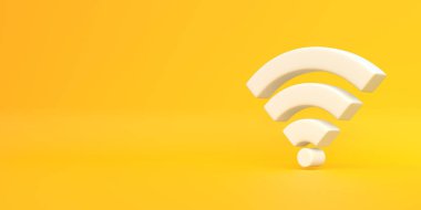 Sarı arkaplanda beyaz kablosuz ağ sembolü. Wi-Fi ikon tasarımı konsepti. Kadın imzası. 3d canlandırma iilüstrasyonu