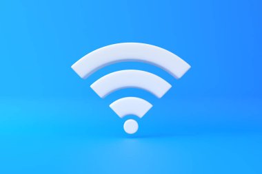 Mavi arkaplanda beyaz kablosuz ağ sembolü. Wi-Fi ikon tasarımı konsepti. Kadın imzası. 3d canlandırma iilüstrasyonu