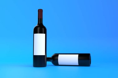Mavi arka planda beyaz etiketli iki şarap şişesi. Minimum konsept. 3d görüntüleme 3d