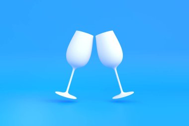 Sarı arka planda yüzen iki beyaz şampanya kadehi. Minimum konsept. 3B resimleme