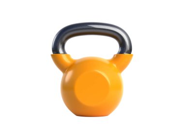 Beyaz arka planda izole edilmiş bir sarı metal kettlebell. Spor ve spor aletleri. Antrenman aletleri. Spor eğitimi ve kaldırma konsepti. Ön manzara. 3 Boyutlu resimleme