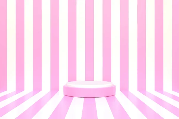 Pódio Pedestal Cilindro Rosa Com Linha Listras Perspectiva Branca Pastel — Fotografia de Stock