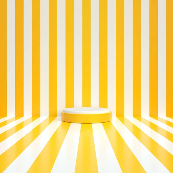 Pódio Pedestal Cilindro Amarelo Com Linha Listras Perspectiva Branca Pastel — Fotografia de Stock
