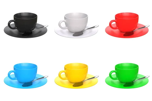 Beyaz Arka Planda Izole Edilmiş Çay Tabağı Kaşıkla Çok Renkli — Stok fotoğraf