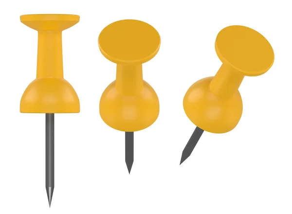 Collection Yellow Push Pins Isolated White Background Set Thumbtacks Front — Stock Photo, Image