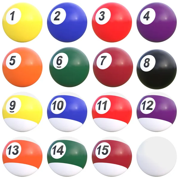 Pool Balls Numbers Collection Isolated White Background Realistic Glossy Snooker — Stock Photo, Image