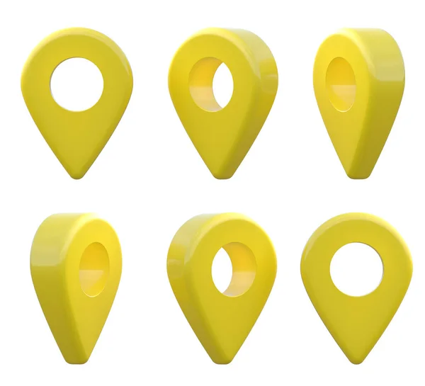 地図ポインタアイコン Gps位置記号 旅行の場所のためのポインタ黄色のピンマーカー 場所のシンボルは白の背景に隔離されます 3Dレンダリング図 — ストック写真
