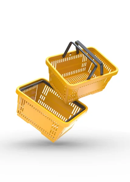 白い背景にスーパーマーケットから黄色のプラスチック製のショッピングバスケット オンラインショッピングの概念 3Dレンダリング図 — ストック写真