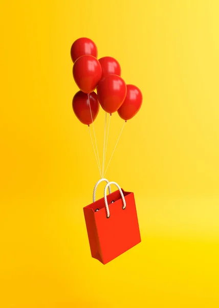 Flygande Shoppingväska Med Ballonger Gul Bakgrund Minimalistiskt Koncept Återgivning Illustration — Stockfoto