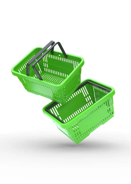 白い背景にスーパーマーケットから緑のプラスチックショッピングバスケット オンラインショッピングの概念 3Dレンダリング図 — ストック写真