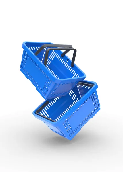白い背景にスーパーマーケットから青プラスチックショッピングバスケット オンラインショッピングの概念 3Dレンダリング図 — ストック写真