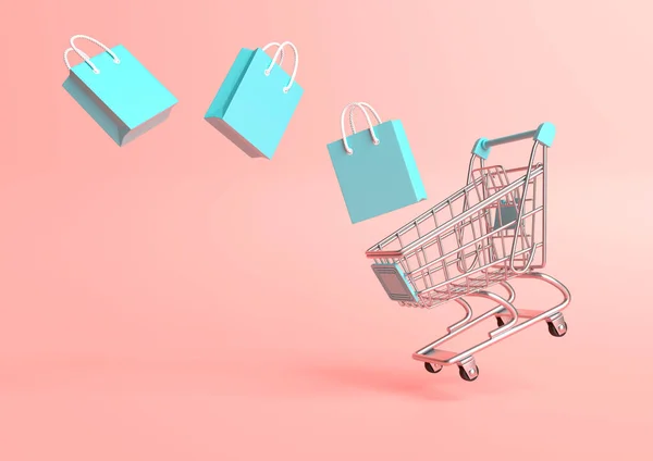 Fliegender Einkaufswagen Mit Einkaufstaschen Auf Rosa Hintergrund Einkaufswagen Einkaufswagen Schieben — Stockfoto