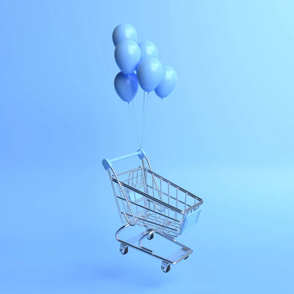 青い背景に風船でショッピングカートを飛んでいます ショッピング トローリー 食料品の押しカート ミニマリストのコンセプトは 孤立したカート 3Dレンダリング図 — ストック写真