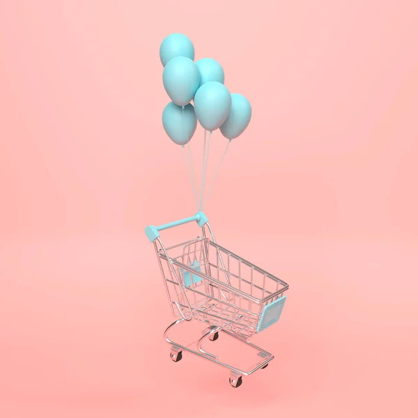 Latający Koszyk Balonami Różowym Tle Wózek Sklepowy Wózek Zakupami Minimalistyczna — Zdjęcie stockowe