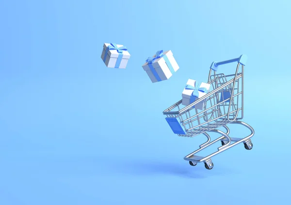 Latający Koszyk Prezentami Niebieskim Tle Wózek Sklepowy Wózek Zakupami Minimalistyczna — Zdjęcie stockowe