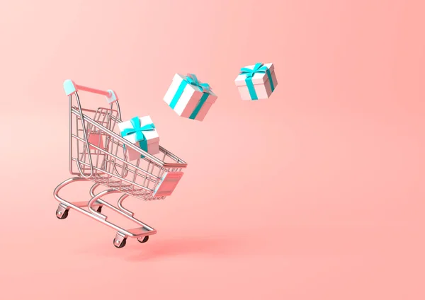 ピンクの背景にギフト付きのショッピングカート ショッピング トローリー 食料品の押しカート ミニマリストのコンセプトは 孤立したカート 3Dレンダリング図 — ストック写真