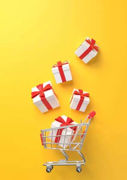 Flying shopping cart with gift on a yellow background. Shopping Trolley. Grocery push cart. Minimalist concept, isolated cart. 3d render illustration