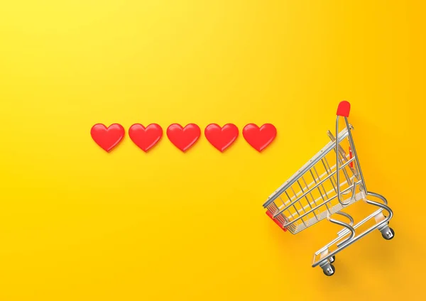 黄色の背景に心を込めて空飛ぶショッピングカート ショッピング トローリー 食料品の押しカート ミニマリストのコンセプトは 孤立したカート 3Dレンダリング図 — ストック写真