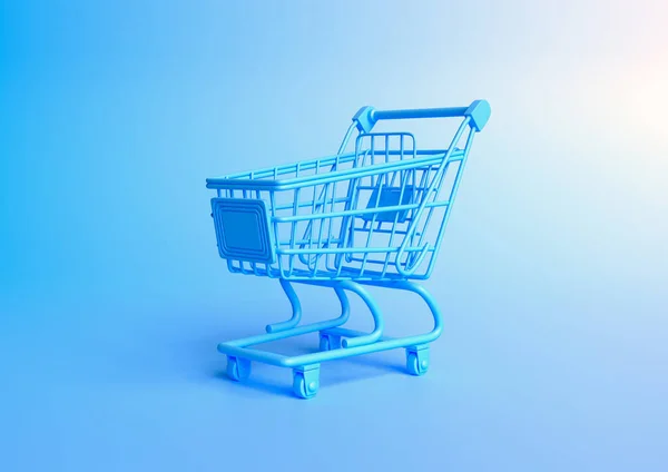 青い背景にショッピングカート ショッピング トローリー 食料品の押しカート ミニマリストのコンセプトは 孤立したカート 3Dレンダリング図 — ストック写真
