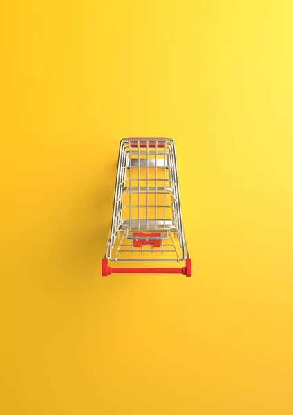 黄色背景的购物车 买Trolley 杂货推车 简约的概念 孤立的推车 3D渲染说明 — 图库照片
