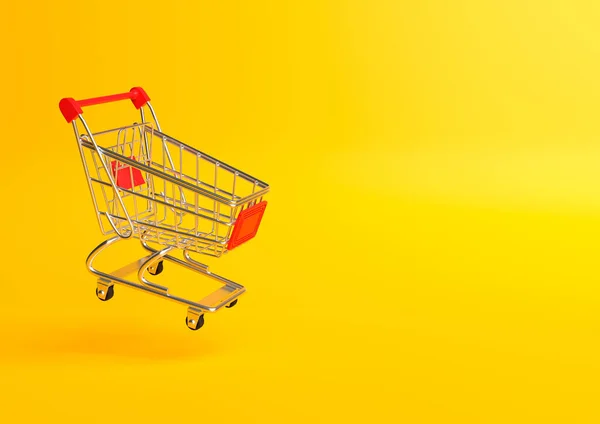 黄色の背景に空飛ぶショッピングカート ショッピング トローリー 食料品の押しカート ミニマリストのコンセプトは 孤立したカート 3Dレンダリング図 — ストック写真