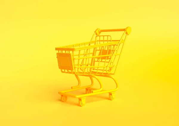 Warenkorb Auf Gelbem Hintergrund Einkaufswagen Einkaufswagen Schieben Minimalistisches Konzept Isolierter — Stockfoto