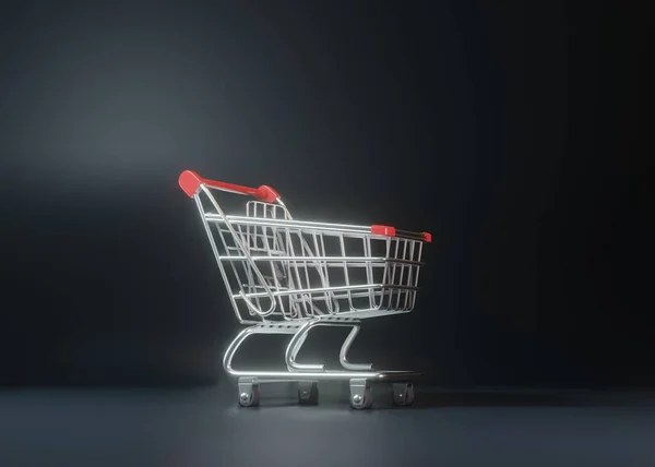 黒を背景にショッピングカート ショッピング トローリー 食料品の押しカート ミニマリストのコンセプトは 孤立したカート 3Dレンダリング図 — ストック写真