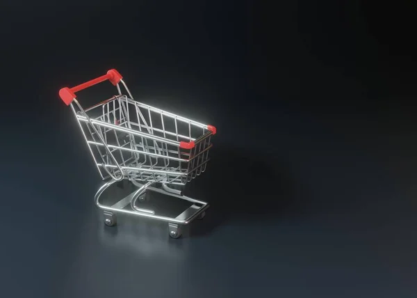 Shopping cart on a black background. Shopping Trolley. Grocery push cart. Minimalist concept, isolated cart. 3d render illustration
