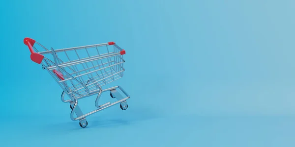 青の背景に金色のショッピングカート 3Dレンダリング 3Dイラスト — ストック写真
