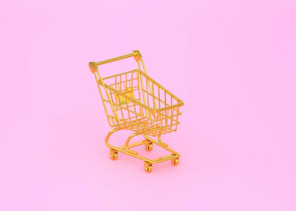 ピンクの背景に金色のショッピングカート 3Dレンダリング 3Dイラスト — ストック写真