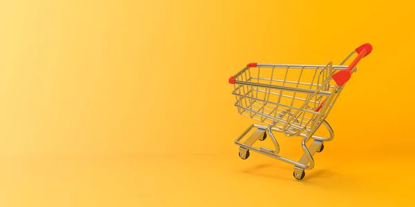 黄色の背景にショッピングカート 3Dレンダリング 3Dイラスト — ストック写真