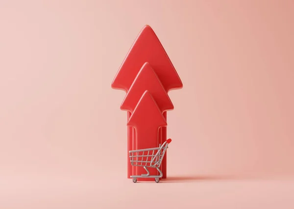 Winkelwagen Trolly Met Rode Inflatie Pijl Een Pastel Achtergrond Kosten — Stockfoto