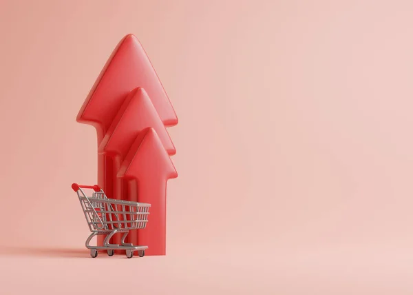 パステルカラーの背景に赤いインフレの矢印が付いているショッピングカート 生活危機の費用 食料品の買い物の価格 3Dレンダリングイラスト — ストック写真