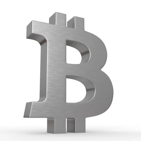 Metal Bitcoin Sign Isolated White Background Chrome Symbol Rendering Illustration — Stock Photo, Image