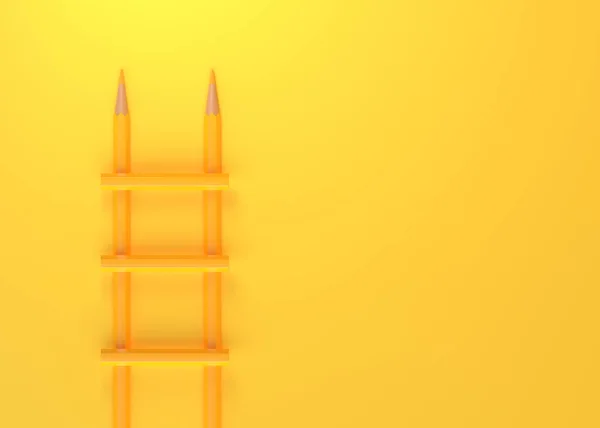 コピースペースと黄色のパステルの背景に階段の鉛筆 創造的なアイデア 想像力 デザイン 発明の概念 3Dレンダリング図 — ストック写真