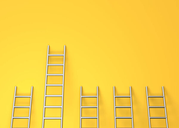 Ladders on a yellow wall background. Leadership minimal creative concept. 3d rendering 3d illustration