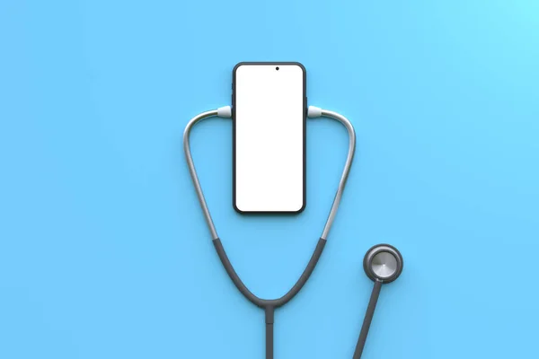 Stetoskop Och Mobil Smartphone Blå Bakgrund Återgivning Illustration — Stockfoto
