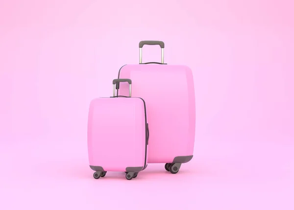 コピースペース付きのピンクの背景に旅行スーツケース 正面図 3Dレンダリング図 — ストック写真