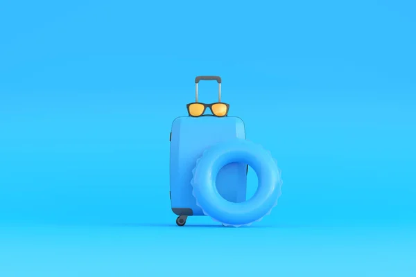 Koffer Brille Und Aufblasbarer Kreis Auf Blauem Hintergrund Mit Kopierraum — Stockfoto