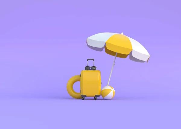 手提箱 球和带紫色背景的游泳圈 最小的创意暑假的概念 3D渲染说明 — 图库照片